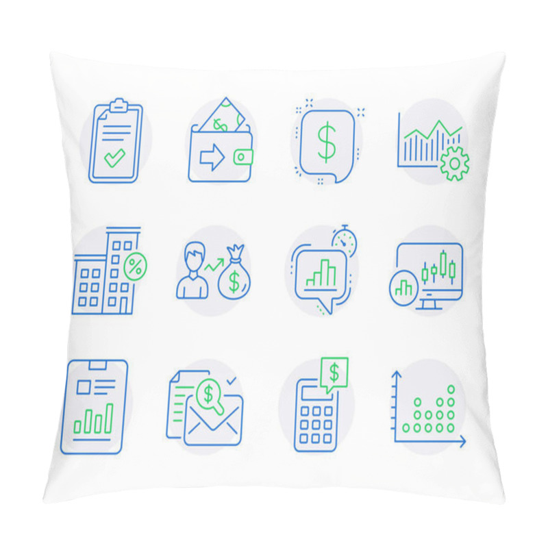 Personality  Finance Icons Set. Included Icon As Calculator, Report Document, Checklist Signs. Statistics Timer, Accounting Report, Sallary Symbols. Loan House, Candlestick Chart, Payment Message. Vector Pillow Covers