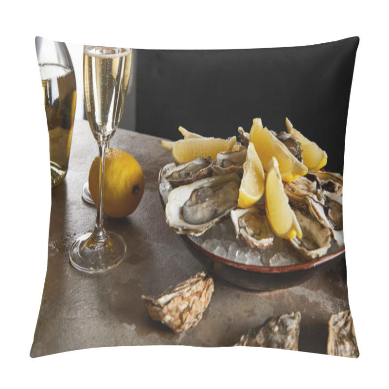 Personality  Selective Focus Of Oysters And Lemons In Bowl With Ice Near Sparkling Wine In Champagne Glass Isolated On Black  Pillow Covers