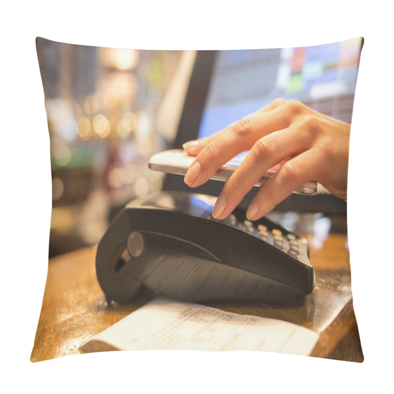 Personality  Woman Paying With NFC Technology On Mobile Phone, Restaurant, Ca Pillow Covers