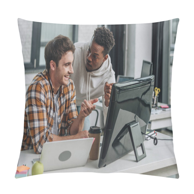 Personality  Two Smiling Multicultural Programmers Pointing At Computer Monitor While Working In Office Together Pillow Covers