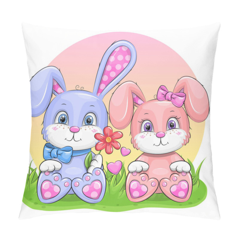 Personality  Cute Cartoon Blue And Pink Rabbits Are Sitting On The Grass. Vector Illustration Of The Animal Couple Isolated On White. Pillow Covers