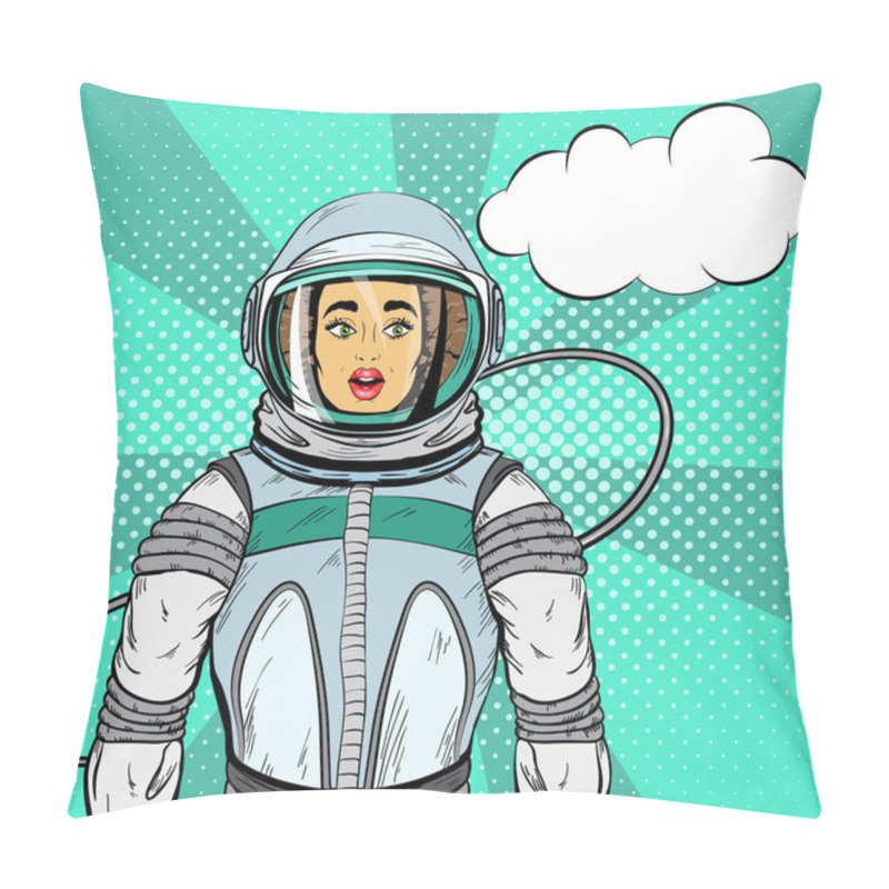 Personality  Woman With Expression Of Surprise On Her Face In Cosmonaut Suit And Speech Bubble For Your Design, Pop Art Style. Pillow Covers