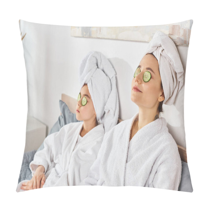 Personality  Two Brunette Women In White Bath Robes Enjoying A Spa Treatment With Cucumber Patches On Their Eyes. Pillow Covers