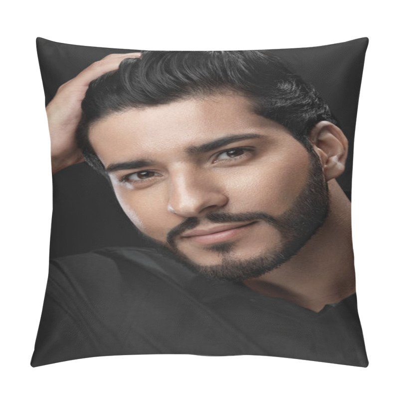 Personality  Men Hair Care. Man With Beard Touching Healthy Black Hair Pillow Covers