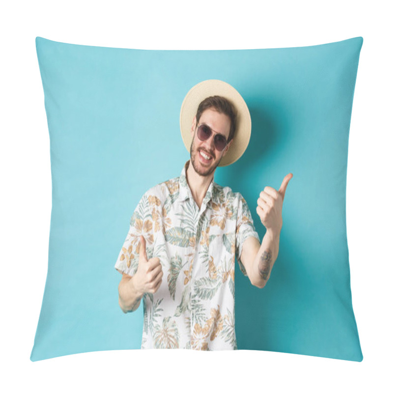 Personality  Cheerful Tourist Having Fun Summer Holidays, Showing Thumbs Up And Smiling, Standing In Hawaiian Shirt And Sunglasses On Blue Background Pillow Covers