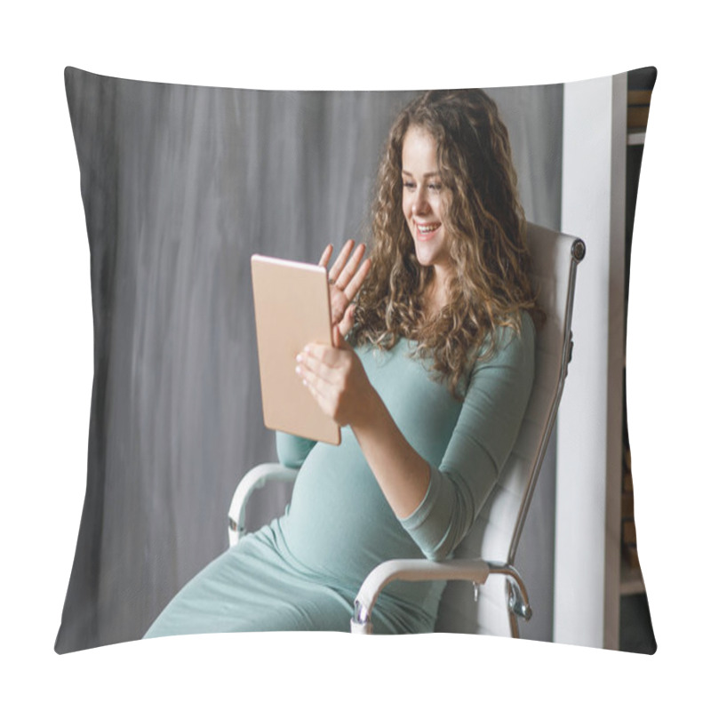 Personality  Beautiful Pregnant Woman Working Behind A Laptop Sitting On The Sofa. The Happiest Time For Every Woman. Pillow Covers