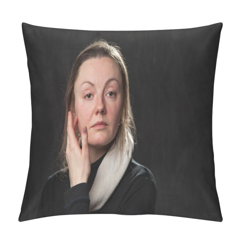 Personality  Pale Confused Woman Touching Her Face Pillow Covers