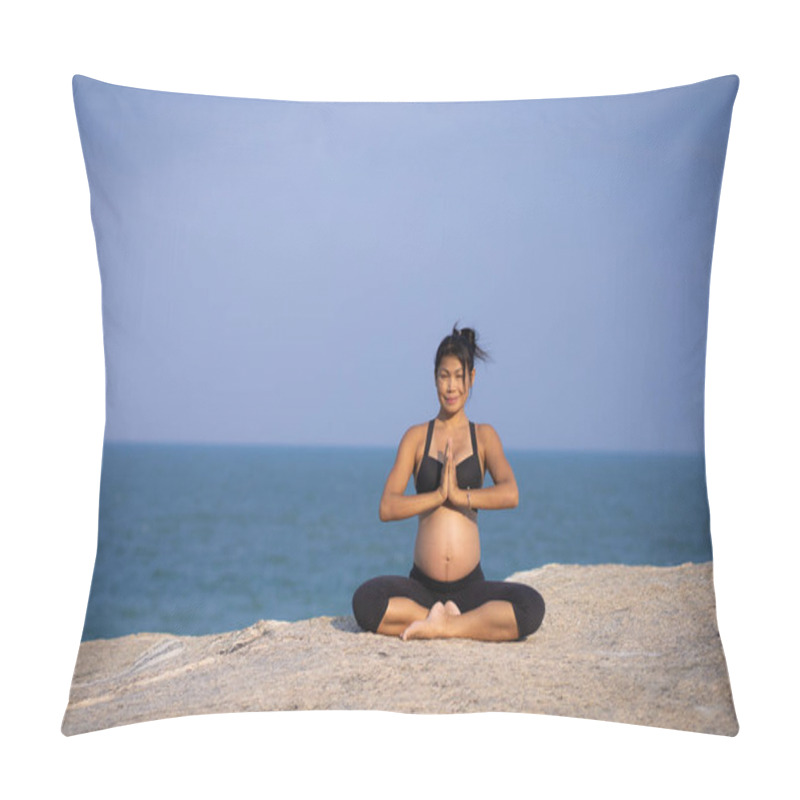 Personality   Asian Pregnant Woman Yoga On The Beach Sunset Summer Time  Pillow Covers