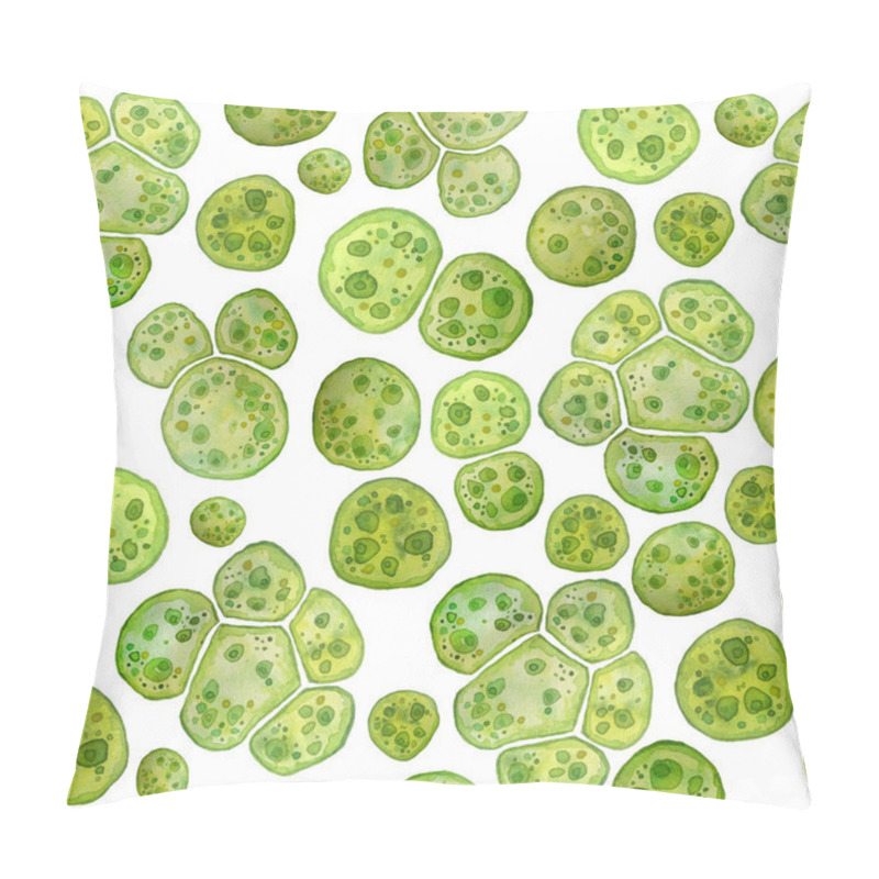 Personality  Unicellular Green Algae Chlorella Spirulina With Large Cells Single-cells With Lipid Droplets. Watercolor Seamless Pattern Macro Microorganism Bacteria For Cosmetics Biological Biotech Design, Biofuel Pillow Covers