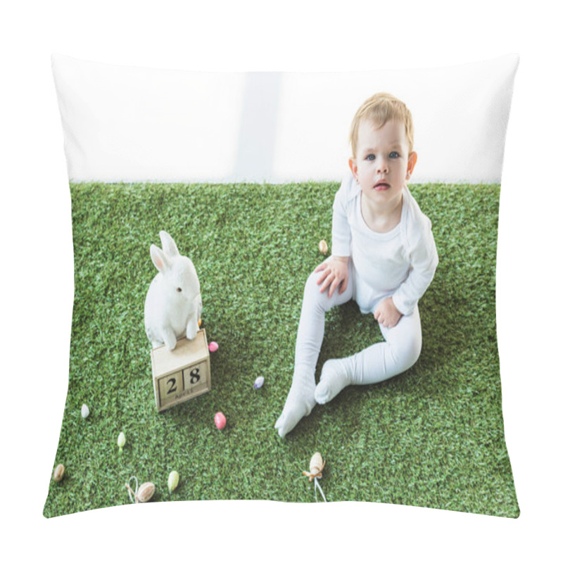 Personality  Adorable Kid Sitting On Green Grass Near Wooden Calendar With 28 April Date, Decorative Rabbit And Colorful Easter Eggs Isolated On White  Pillow Covers