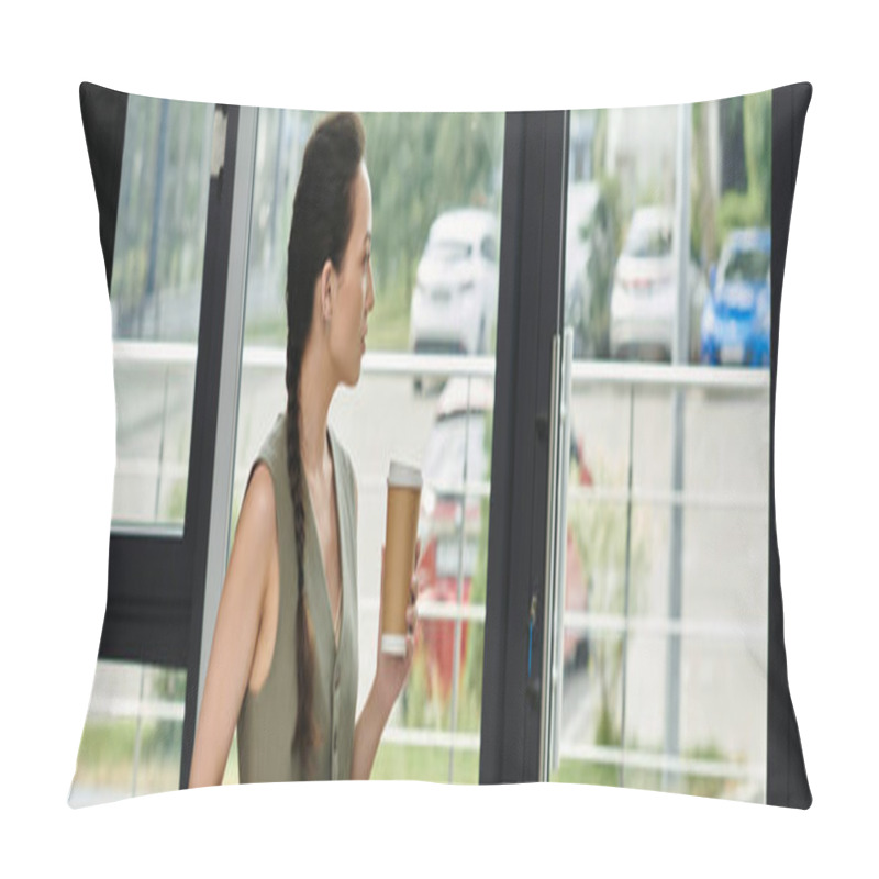 Personality  A Poised Businesswoman Stands By The Window, Enjoying A Coffee As She Prepares For Her Tasks. Pillow Covers