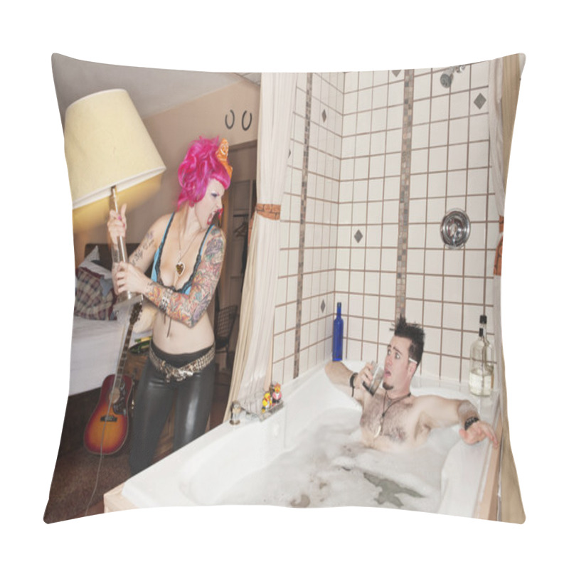 Personality  Pink Haired Woman Throwing Lamp On Man In The Bathtub Pillow Covers