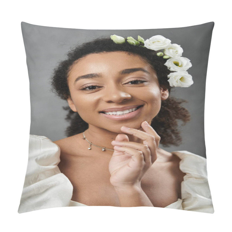 Personality  A Beautiful African American Bride In A White Wedding Dress With Flowers In Her Hair Smiles Radiantly Against A Grey Backdrop. Pillow Covers