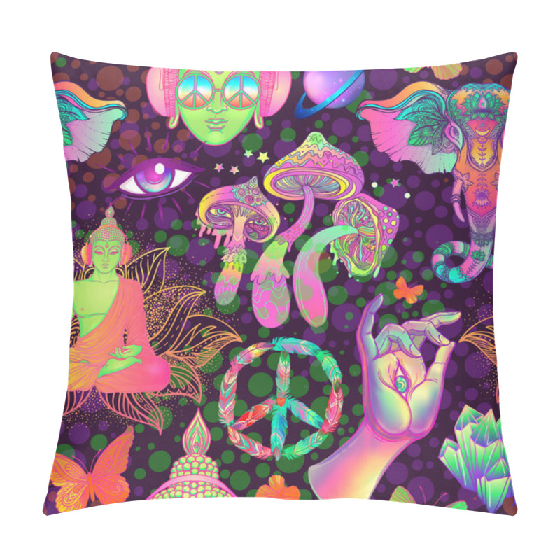 Personality  Psychedelic Seamless Pattern: Trippy Mushrooms, Peace Sign, Acid Buddha, Butterflies, All-seeing Eye, Mandala. Background With Stoned Trippy Drug Elements Pillow Covers