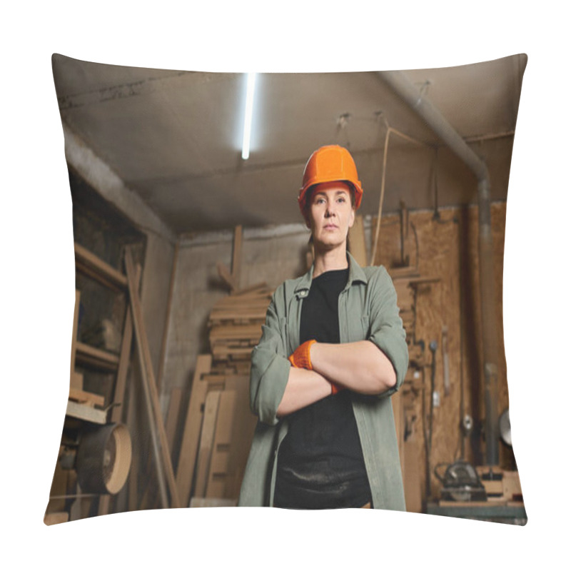 Personality  A Skilled Female Carpenter Confidently Works With Wood, Surrounded By Tools And Materials In Her Workshop. Pillow Covers