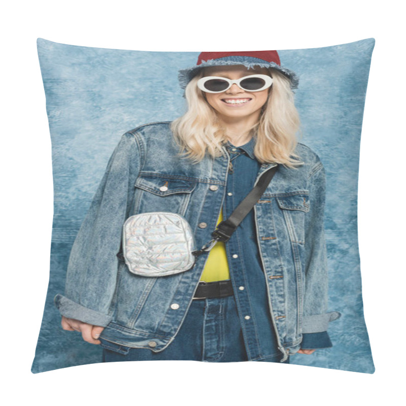 Personality  Happy Blonde Woman In Denim Outfit Posing In Panama Hat And Sunglasses Near Blue Textured Background   Pillow Covers