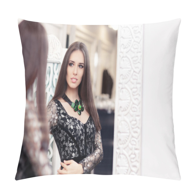 Personality  Girl In Black Lace Dress Looking In The Mirror Pillow Covers