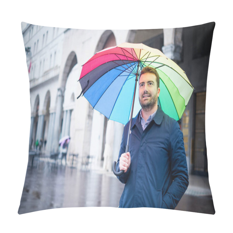 Personality  Rainy Day In The City And Businessman Holding Umbrella Pillow Covers