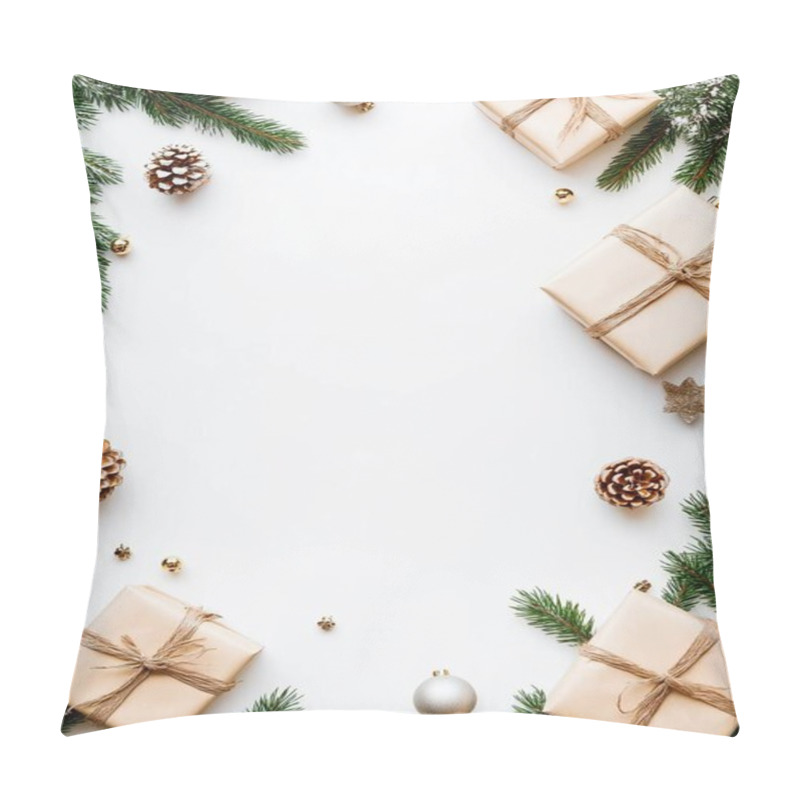 Personality  Holiday Gifts Elegantly Arranged With Pine And Ornaments On A White Background. Pillow Covers