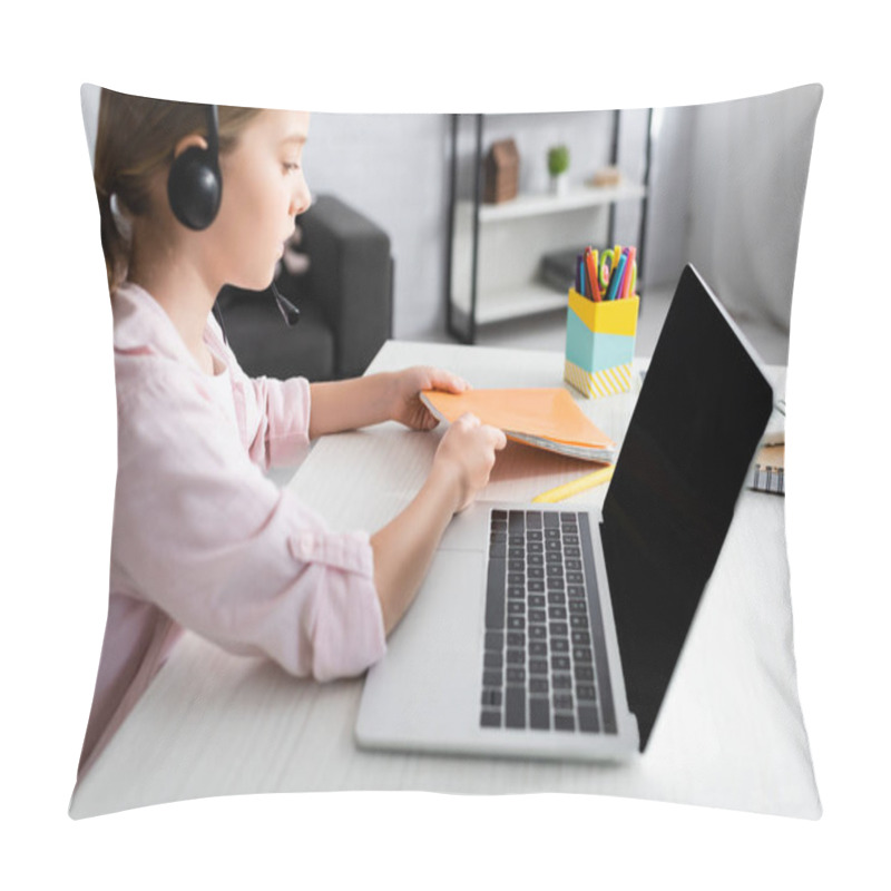 Personality  Side View Of Kid In Headset Taking Notebook Near Laptop On Table   Pillow Covers