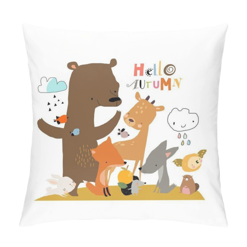 Personality  Group Of Cartoon Animals Meeting Autumn On White Background. Vector Illustration Pillow Covers