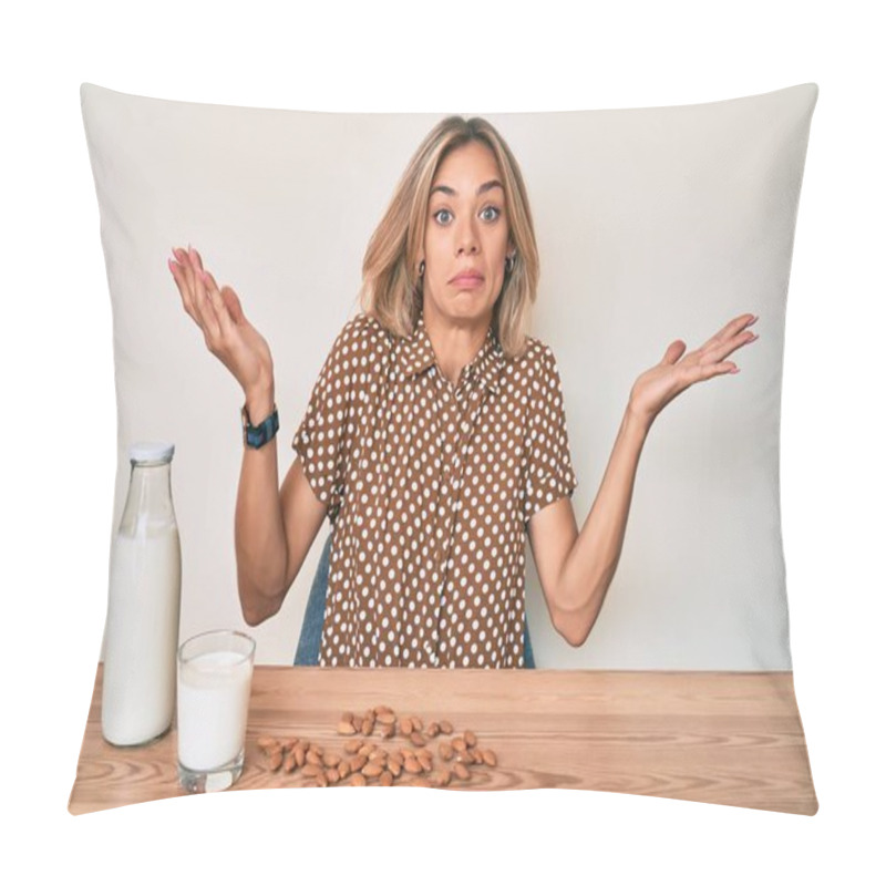 Personality  Beautiful Caucasian Woman Drinking Healthy Almond Milk Clueless And Confused With Open Arms, No Idea And Doubtful Face.  Pillow Covers