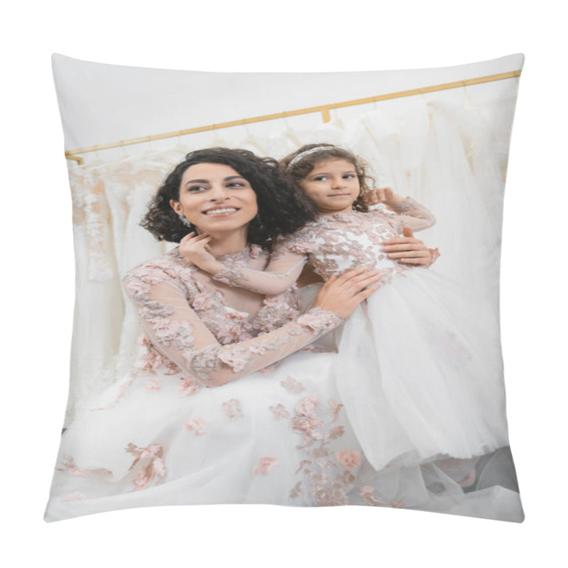 Personality  Special Moment, Delightful Middle Eastern Bride In Floral Wedding Gown Hugging Her Little Daughter In Bridal Salon Around White Tulle Fabrics, Bridal Shopping, Togetherness  Pillow Covers