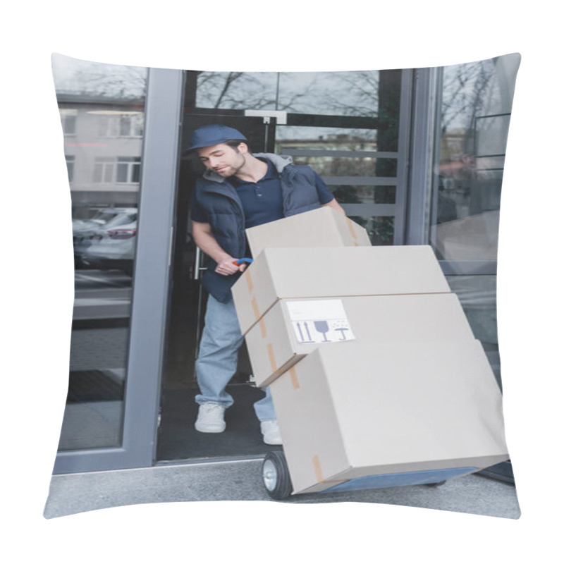 Personality  Courier Holding Car With Boxes Near Open Door Of Building Outdoors  Pillow Covers