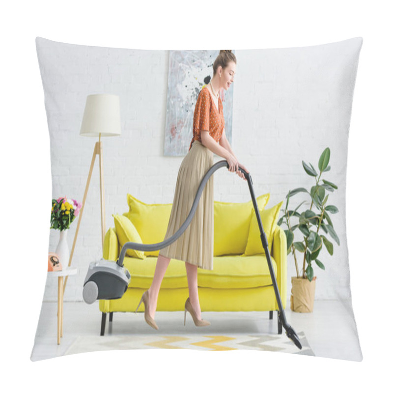 Personality  Side View Of Elegant Young Woman Levitating In Air While Vacuuming Carpet Pillow Covers