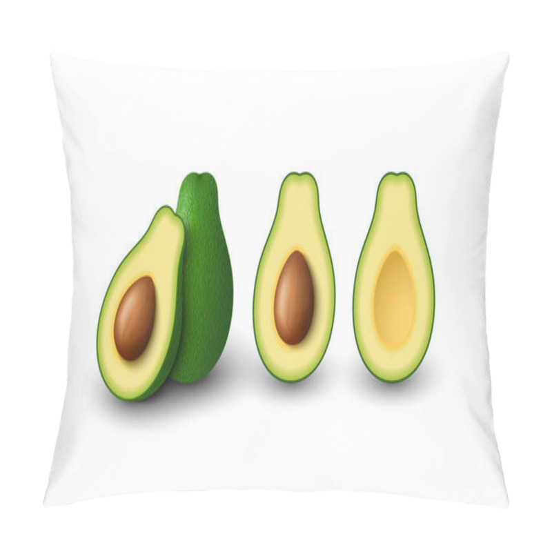 Personality  Realistic Green Avocado For Healthy Eating. Whole And Cut In Half Avocado. Vector 3D Illustration Isolated On White Background. Pillow Covers