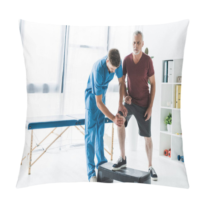 Personality  Handsome Doctor Touching Knee Of Mature Patient On Step Platform Pillow Covers