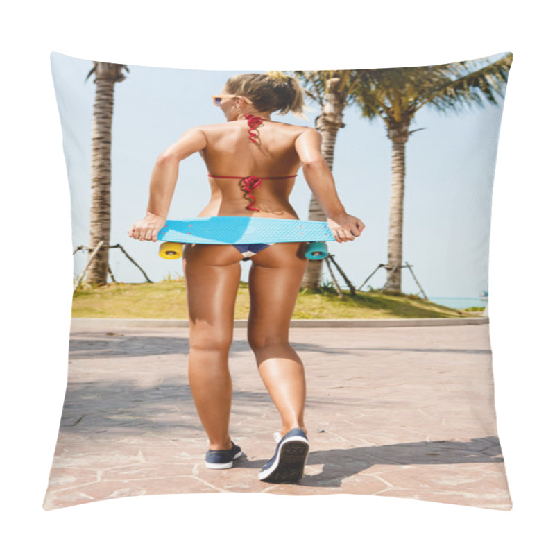 Personality  Sexy Suntanned Lady Staying With Blue Penny Board On The Streat Pillow Covers