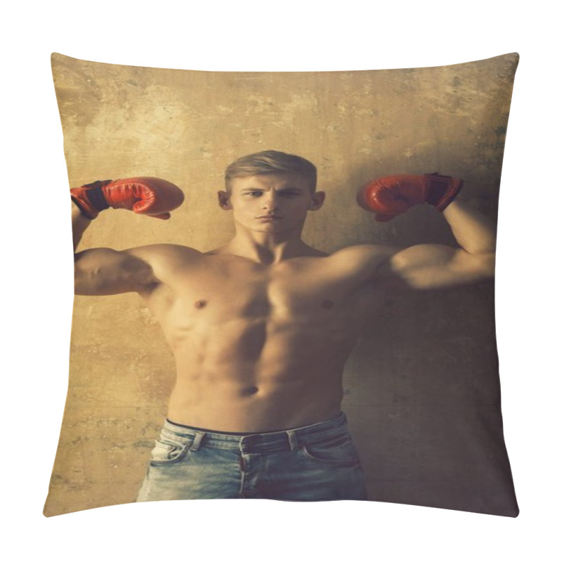 Personality  Sport And Combat, Muscular Boxer In Red Boxing Gloves Pillow Covers