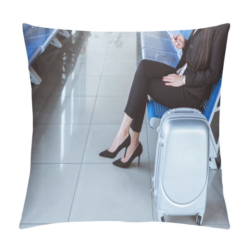 Personality  Young Businesswoman With Smartphone And Luggage Sitting At Departure Lounge In Airport Pillow Covers