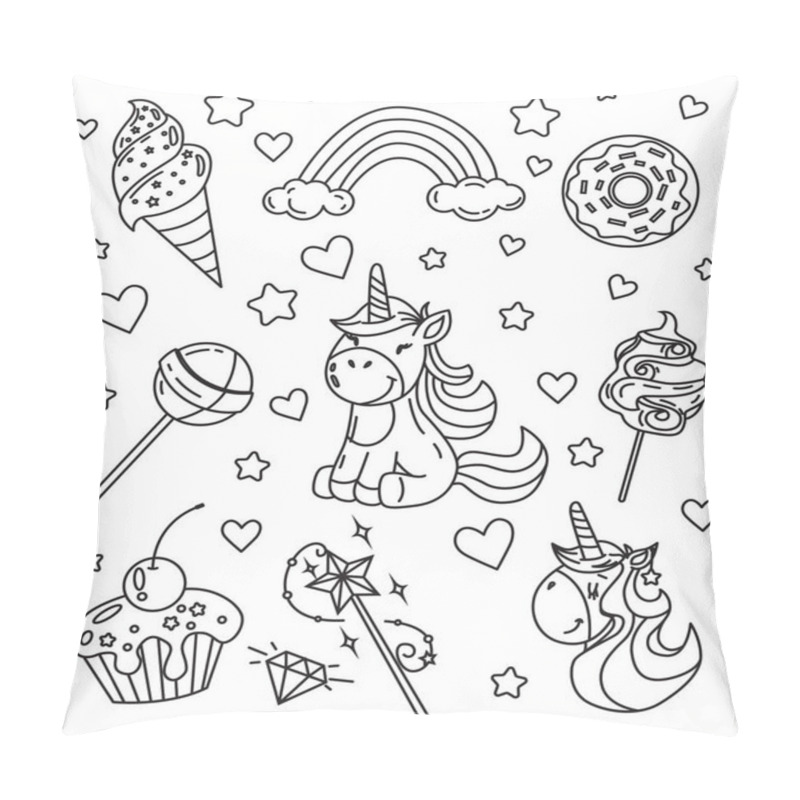 Personality  Coloring Page Antistress. Set: Unicorn, Ice Cream, Donut, Lollipop, Cotton Candy, Magic Wand, Cupcake, Diamond, Rainbow, Clouds, Stars, Heart. Vector Illustration For Art Therapy, Antistress Coloring Pillow Covers