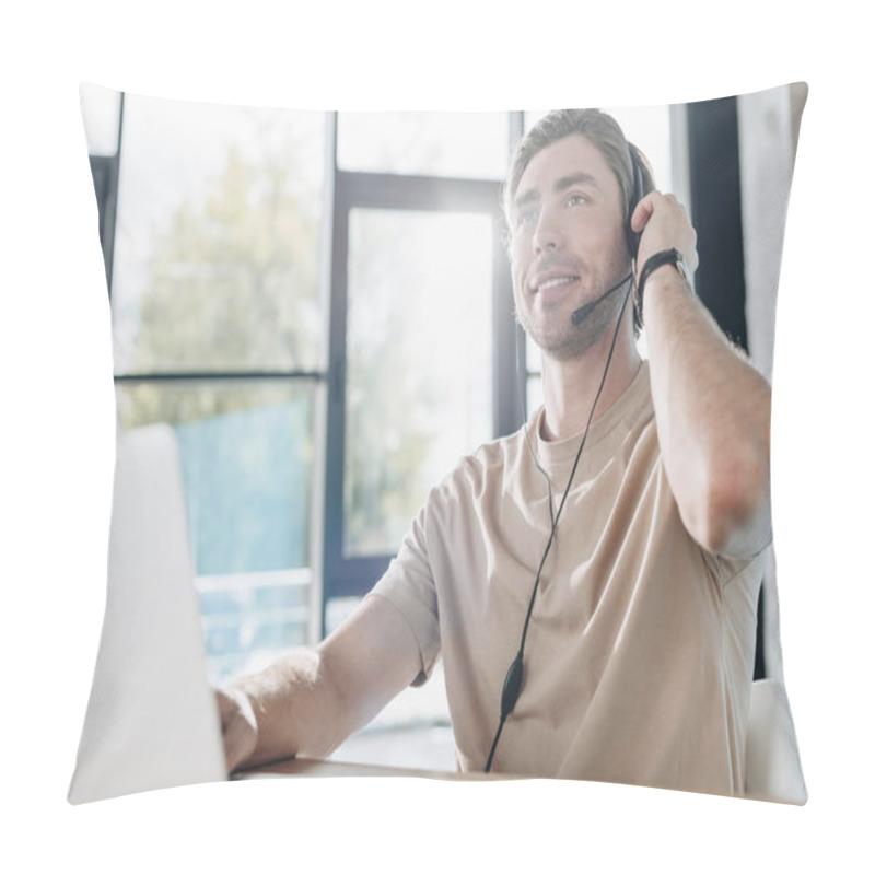 Personality  Handsome Young Call Center Worker Working At Modern Office Pillow Covers