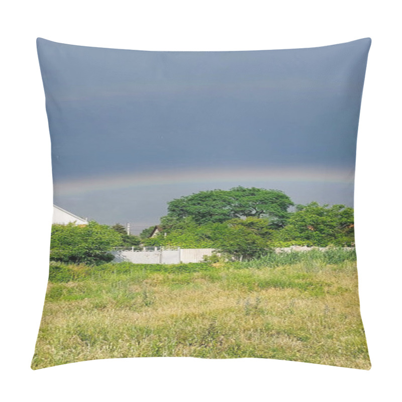 Personality  A Peaceful Rural Landscape Featuring A Rainbow Under Dark Stormy Clouds, Surrounded By Lush Greenery And A Charming White House. Pillow Covers