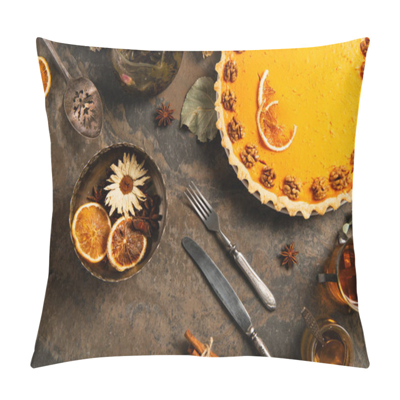 Personality  Pumpkin Pie Decorated With Walnuts And Orange Slices Near Herbs And Spices, Thanksgiving Composition Pillow Covers