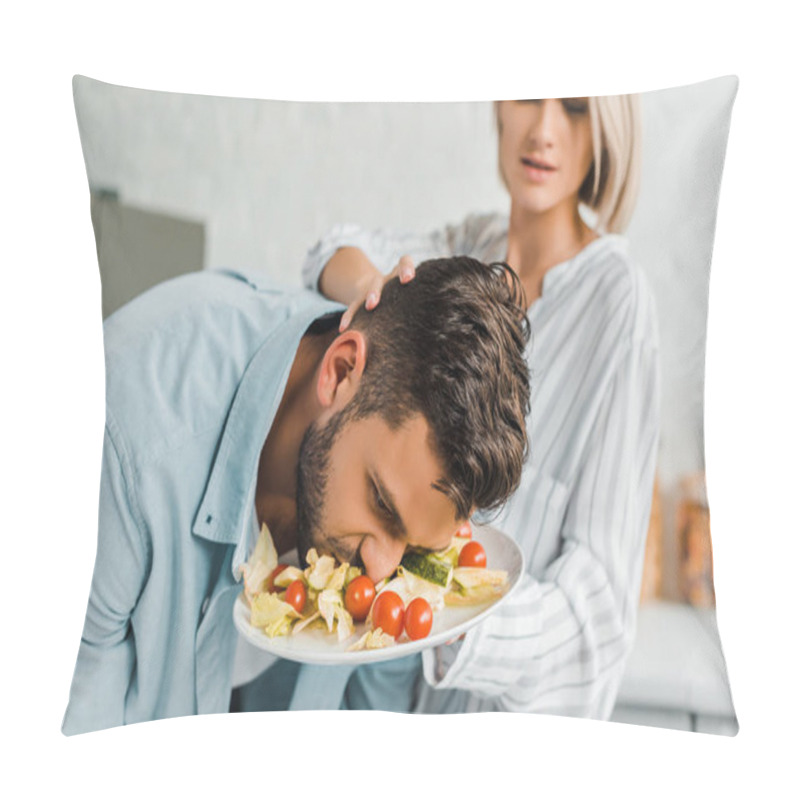 Personality  Irritated Girlfriend Smashing Boyfriend Face Into Salad In Kitchen Pillow Covers