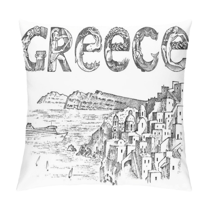 Personality  Greek Culture. Landscape Mountains And The Inscription. Ancient Antique Uppercase Letters Monograms With An Ornament. Double Exposure. Hand Drawn Engraved Sketch In Vintage Style.  Pillow Covers