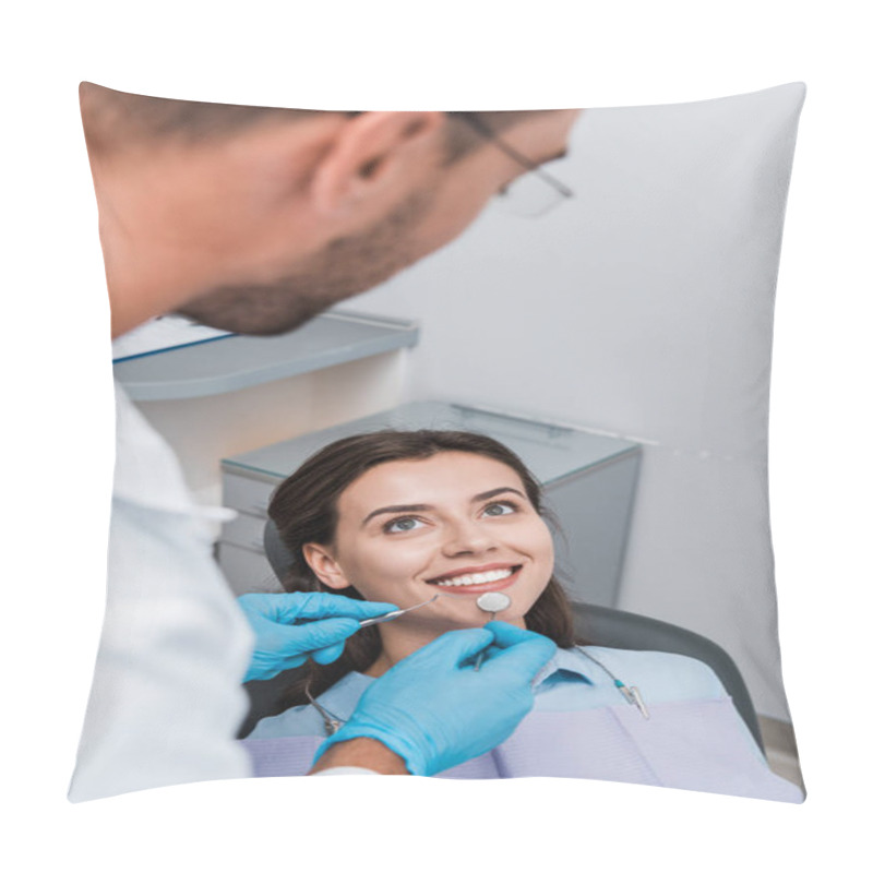 Personality  Selective Focus Of Man In Latex Gloves Holding Dental Instruments Near Attractive Woman  Pillow Covers