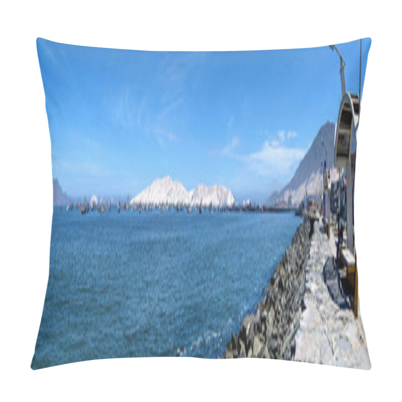 Personality  Chimbote, Peru - April 10, 2018: Panorama Of Sea Front Showing Coastal Defences And Numerous Moored Trawlers With Islands In The Background Pillow Covers