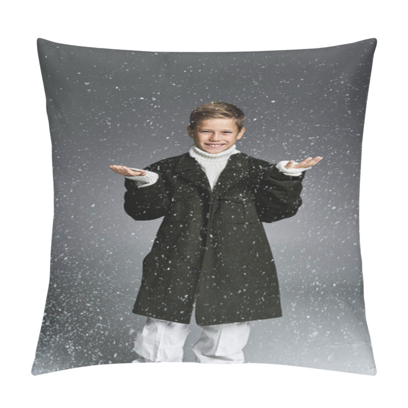 Personality  A Smiling Boy Stands With Outstretched Hands, Embracing Falling Snowflakes In Winter Attire. Pillow Covers