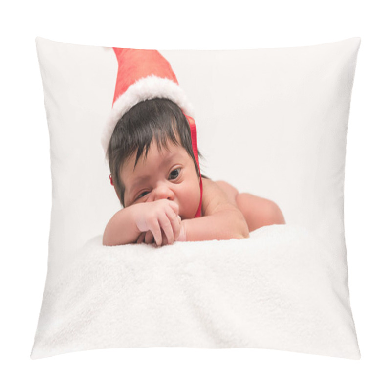 Personality  Adorable Mixed Race Newborn Baby In Santa Hat Isolated On White  Pillow Covers