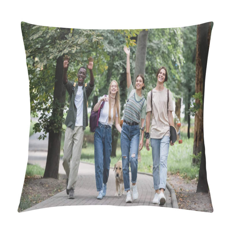 Personality  Happy Multiethnic Teenagers With Retriever And Skate Waving Hands In Park  Pillow Covers