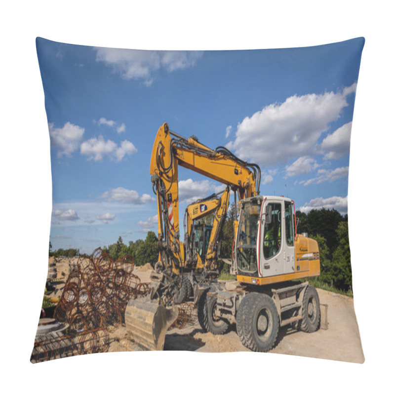 Personality  Road Building. Highway Construction And Machines Used For Construction. Excavator, Bulldozer, Roller Pillow Covers