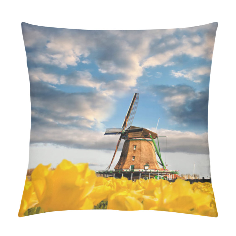 Personality  Traditional Dutch Windmill With Tulips In Zaanse Schans, Amsterdam Area, Holland Pillow Covers