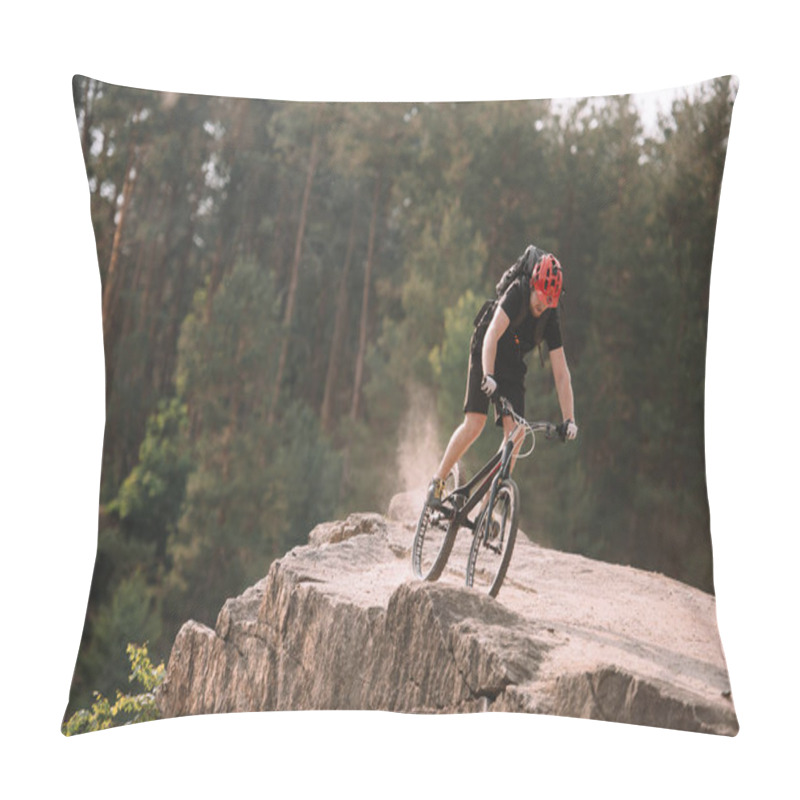 Personality  Young Trial Biker Riding On Rocky Clifff Outdoors Pillow Covers