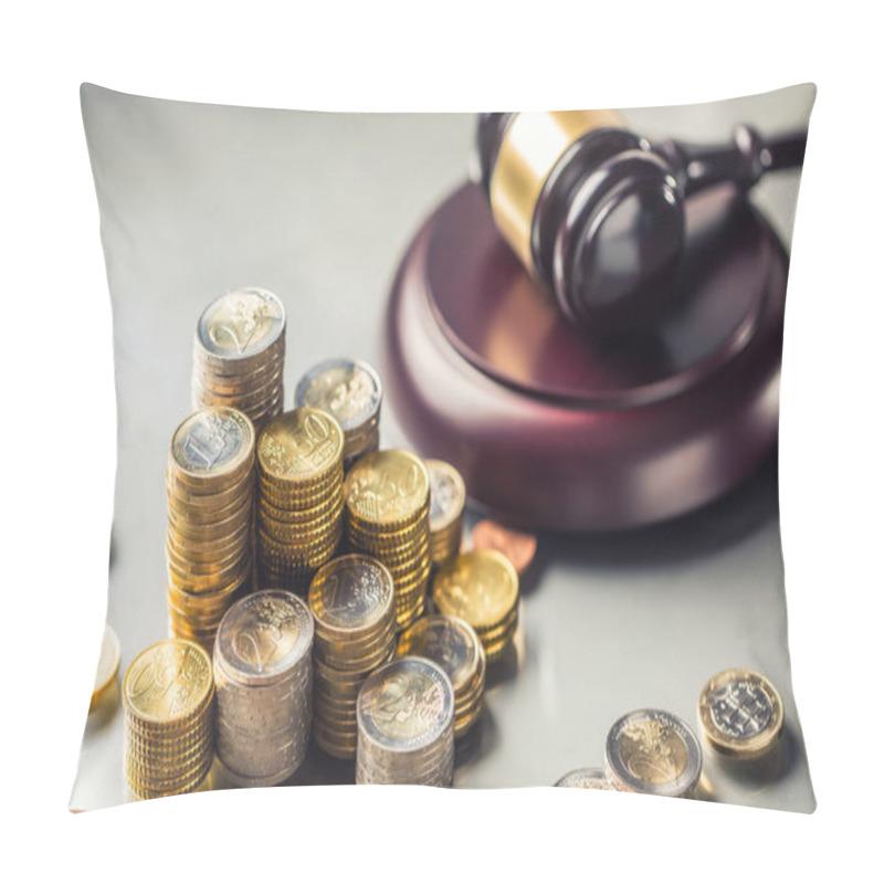 Personality  Towers With Euro Coins And Justice Hammer In The Background Pillow Covers