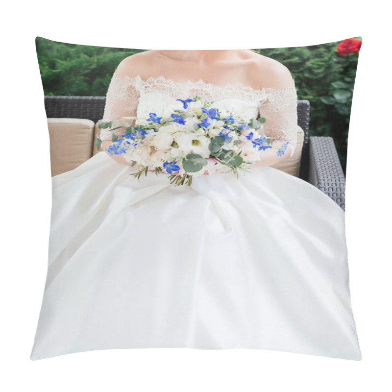 Personality  Beautiful Bride In Wedding Dress With Wedding Bouquet Of Peonies, Blue Flowers And Greenery Sitting On Couch Outdoors Pillow Covers